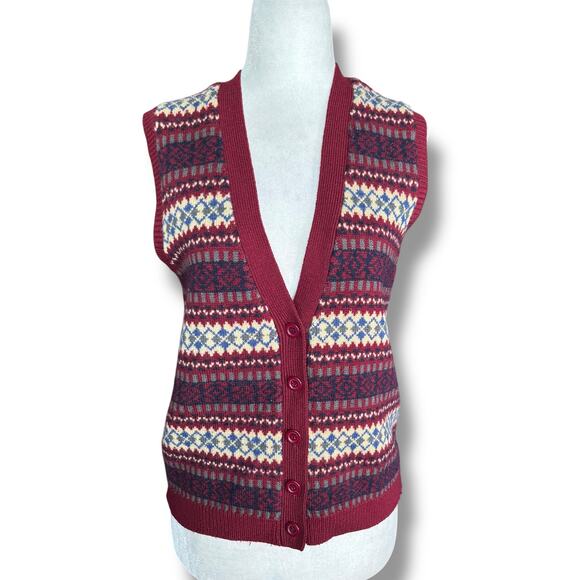 Vintage Petite Fair Isle Knit Sweater Vest Burgundy Red Argyle Wool Button Front - Picture 10 of 10